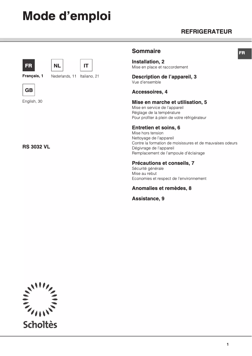 First page image of the manual for RS 3032 V L