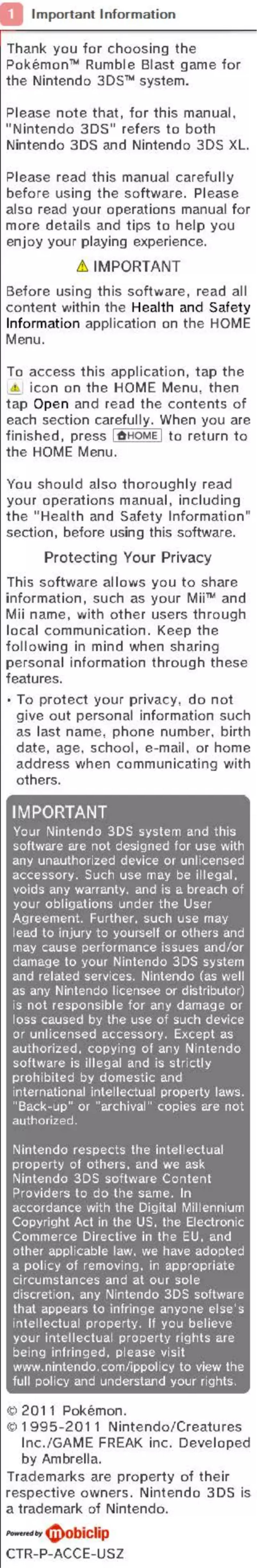 Image de la première page du manuel de l'appareil Pokemon Rumble Blast (3DS)