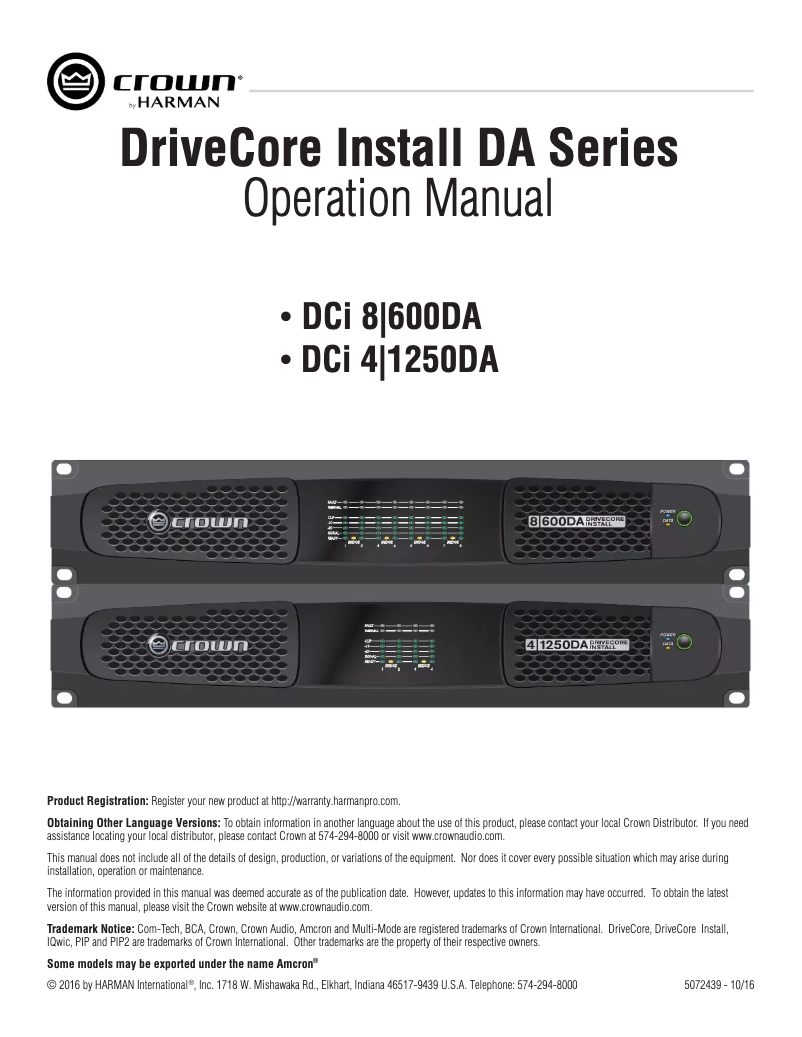 First page image of the manual for DriveCore Install DCi 4|1250DA