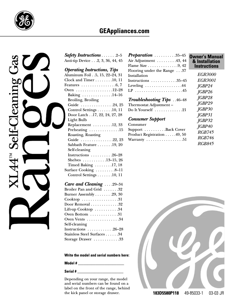 First page image of the manual for JGBP24BEAWH