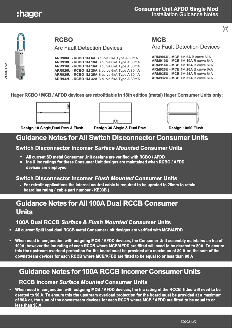Page 1 of the manual Technical Sheet Hager VML402AH