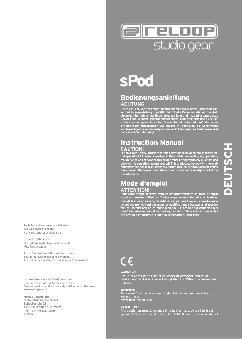 Page 1 of the manual User Manual Reloop sPod