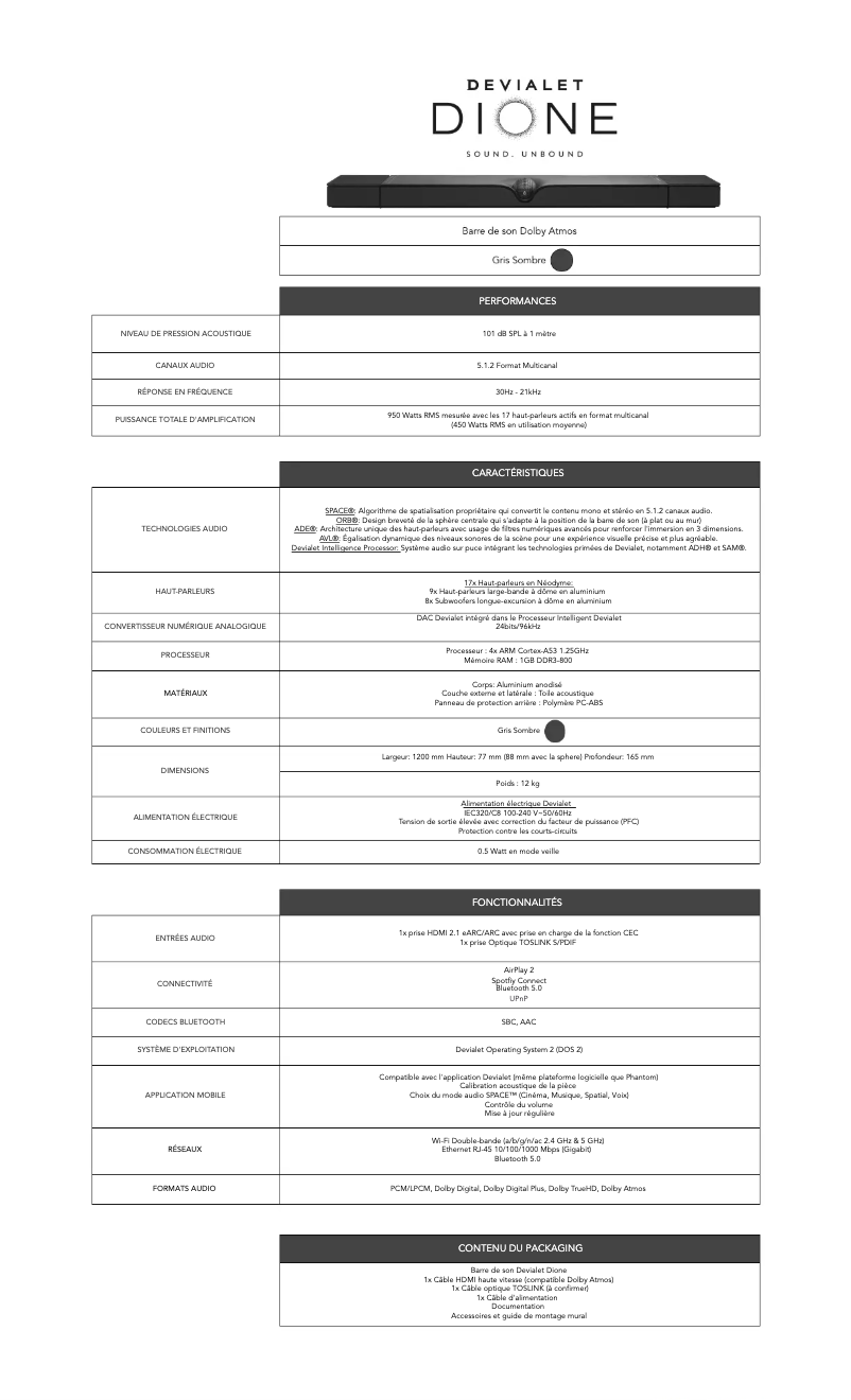 Page 1 of the manual Technical Sheet Devialet Dione