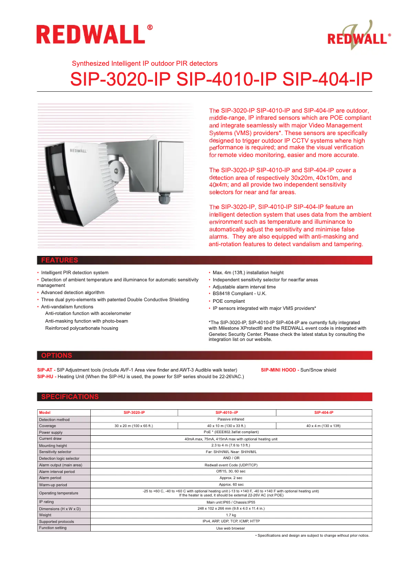 Page 1 of the manual Technical Sheet Optex Redwall SIP-3020-IP-BOX