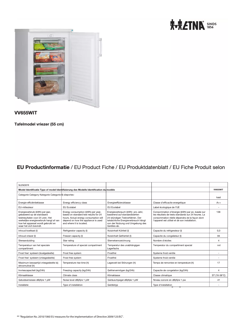 Page 1 of the manual Technical Sheet Etna VV655WIT