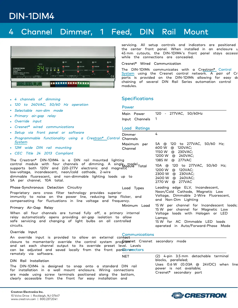 Page 1 of the manual Technical Sheet Crestron DIN-1DIM4