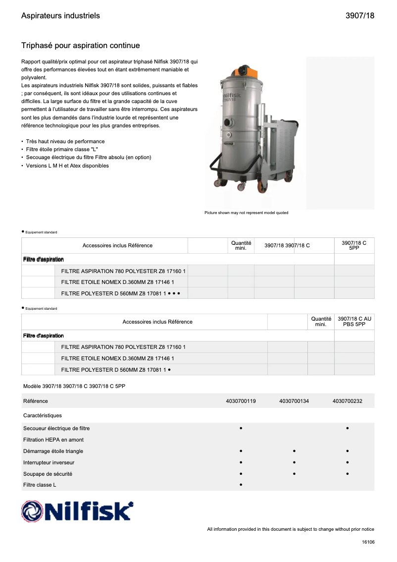 Page 1 of the manual Technical Sheet Nilfisk 3907/18