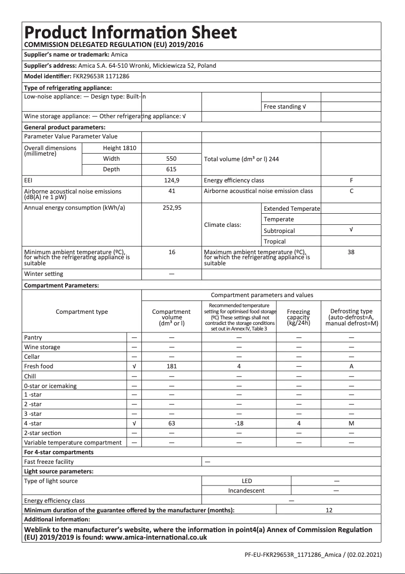 Page 1 of the manual Technical Sheet Amica FKR29653R