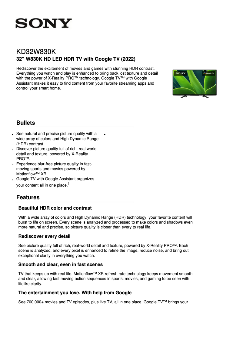 First page image of the manual for KD-32W830K