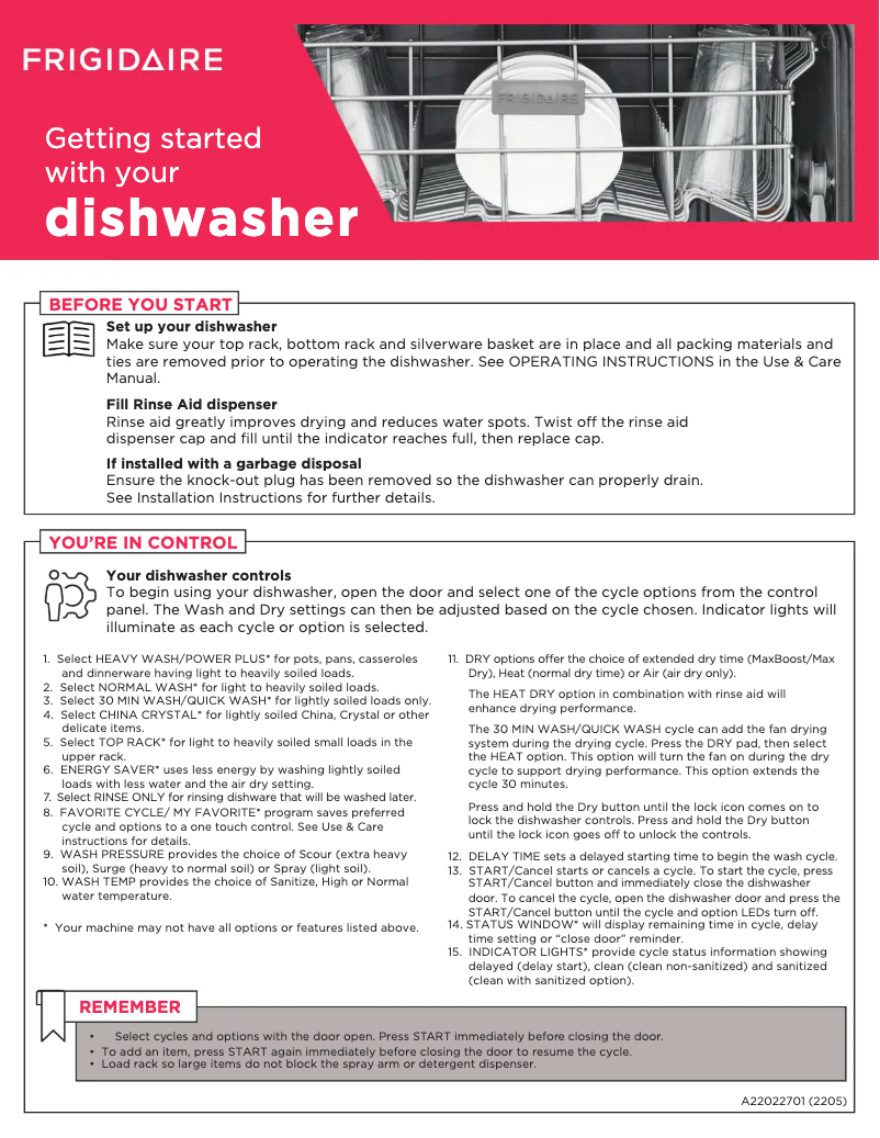 Page 1 de la notice Guide de démarrage rapide Frigidaire FDPC4314AW