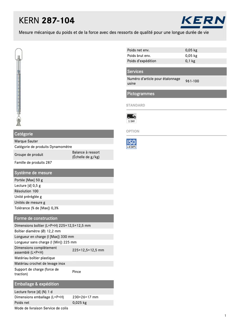 Page 1 of the manual Technical Sheet Kern 287-104