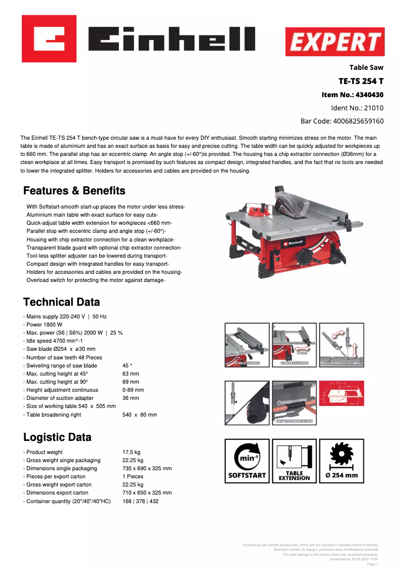 Page 1 of the manual Technical Sheet Einhell TE-TS 254 T