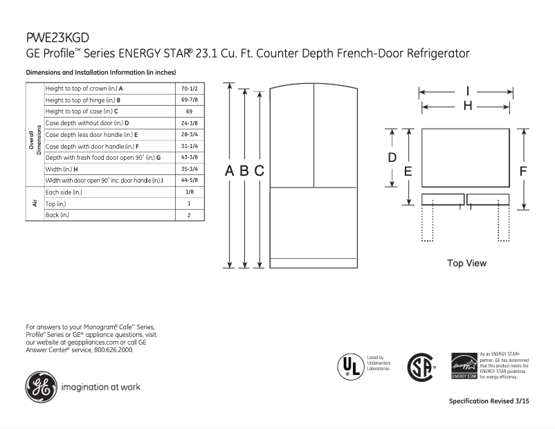 Page 1 of the manual Technical Sheet GE Profile PWE23KGDWW