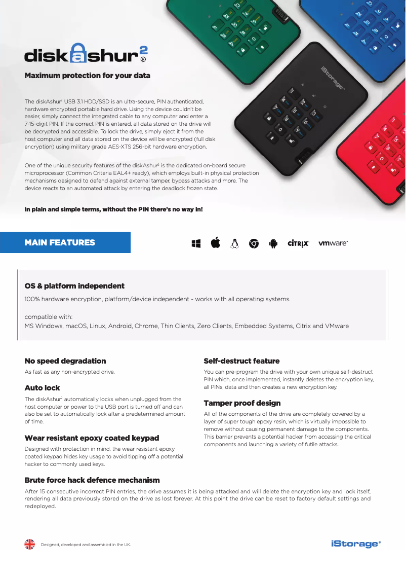 Page 1 of the manual Technical Sheet iStorage diskAshur 2