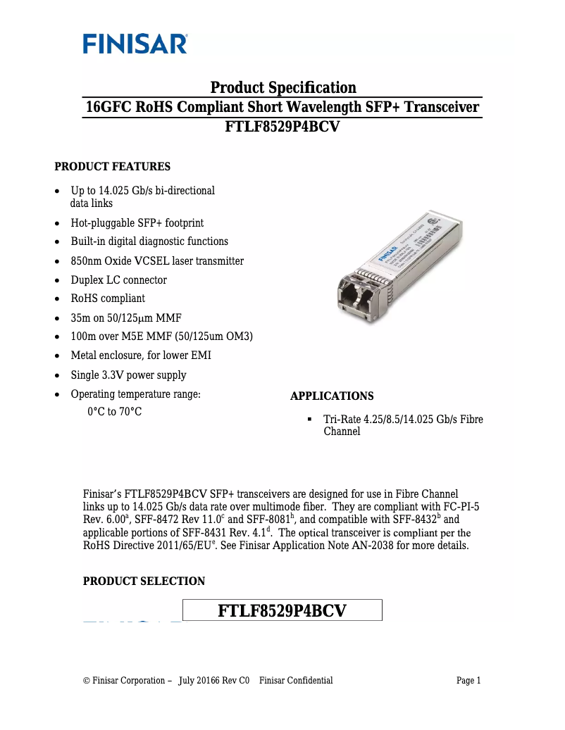 Page 1 of the manual User Manual Finisar FTLF8529P4BCV