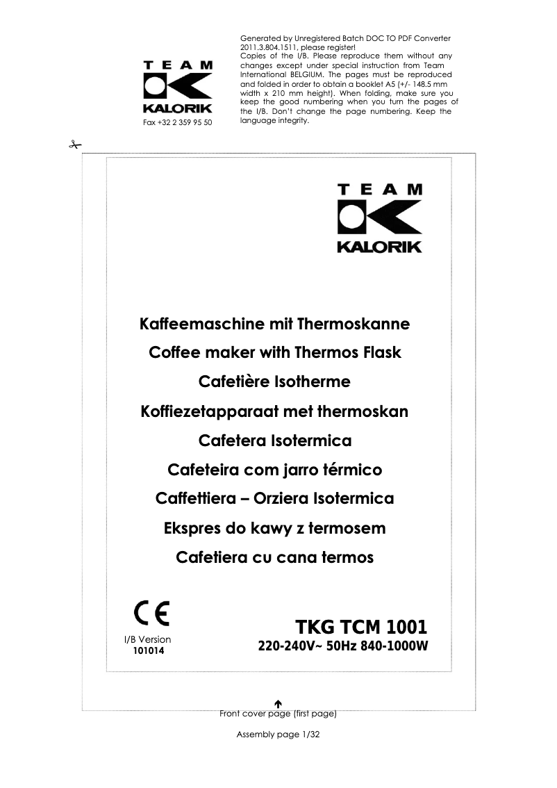 First page image of the manual for TKG TCM 1001