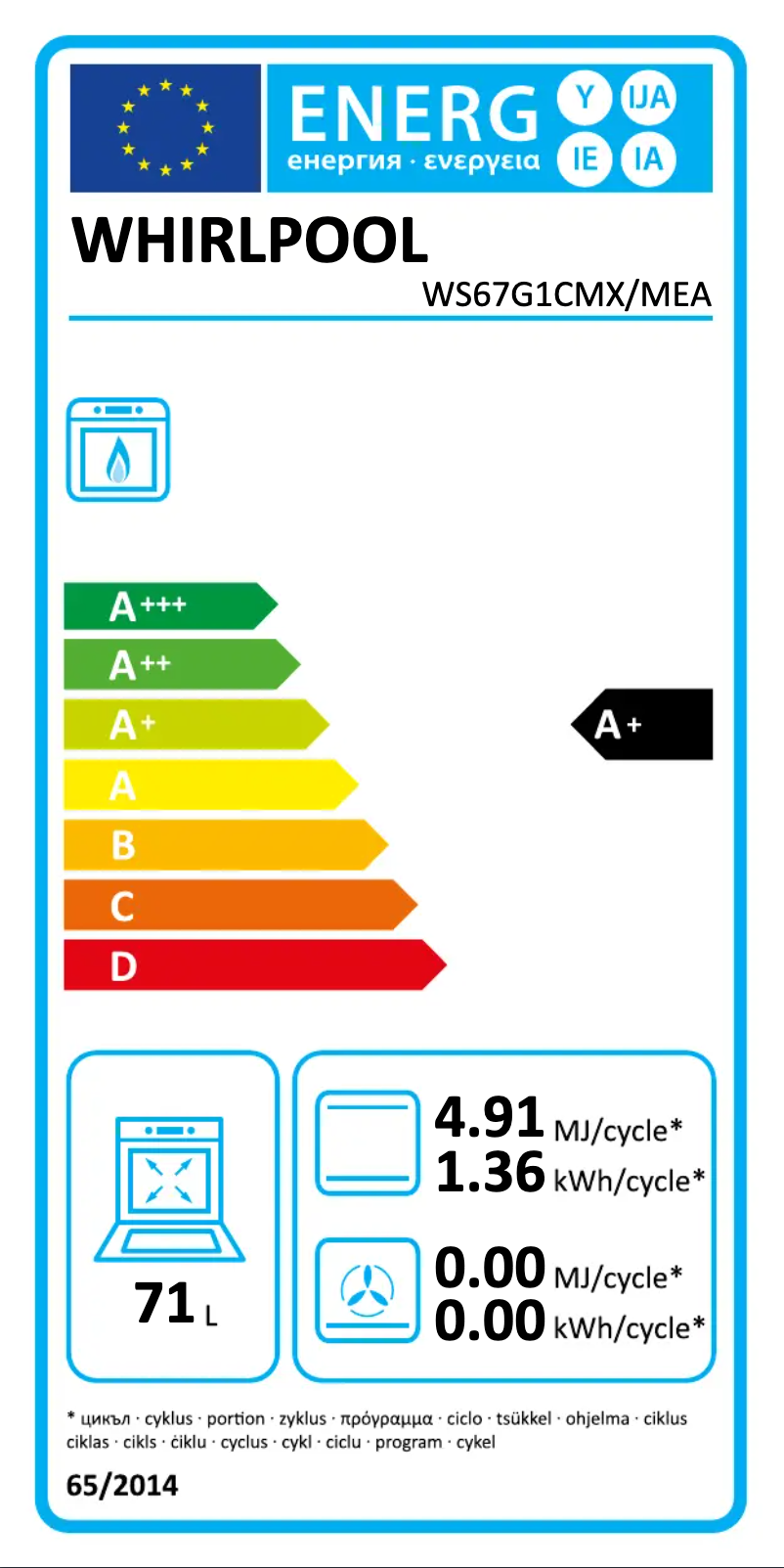 Page 1 of the manual Energy Label Whirlpool WS67G1CMX