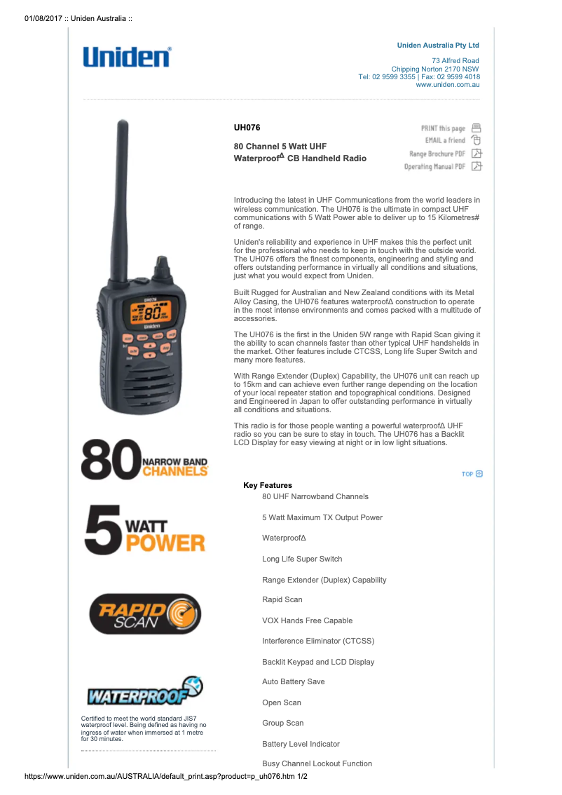 First page image of the manual for UH076