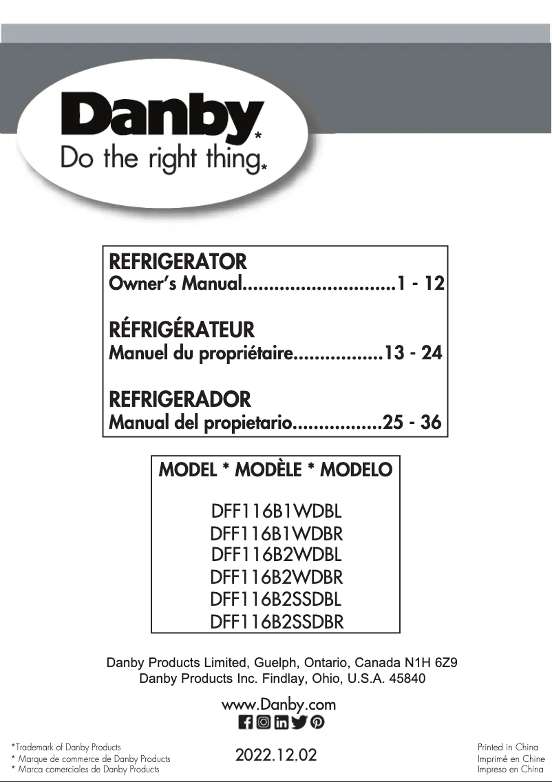 Page 1 of the manual User Manual Danby DFF116B2SSDBR