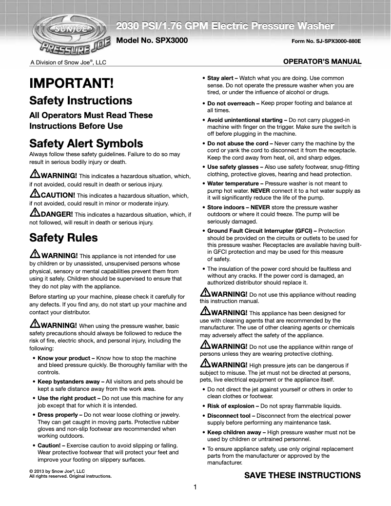 First page image of the manual for Pressure Joe SPX3000