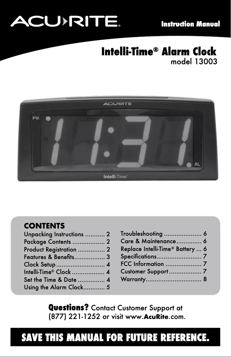 First page image of the manual for Intelli-Time Alarm Clock 13003