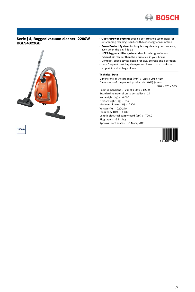 Page 1 of the manual Technical Sheet Bosch BGLS4822GB