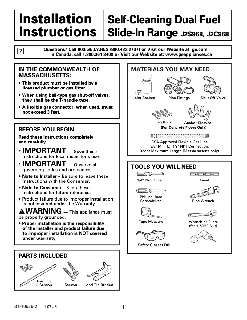Page 1 of the manual Installation Guide GE Profile J2S968BEKBB