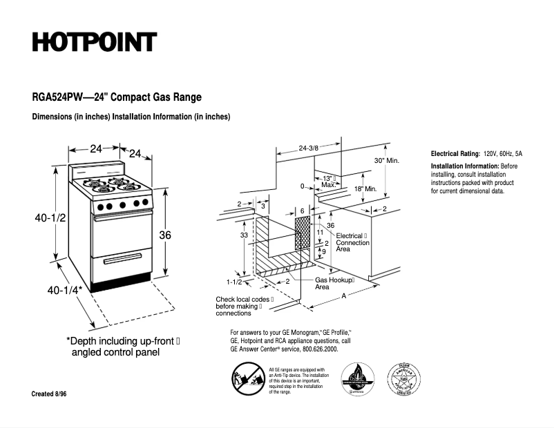 Page 1 of the manual Technical Sheet Hotpoint RGA524PWWH