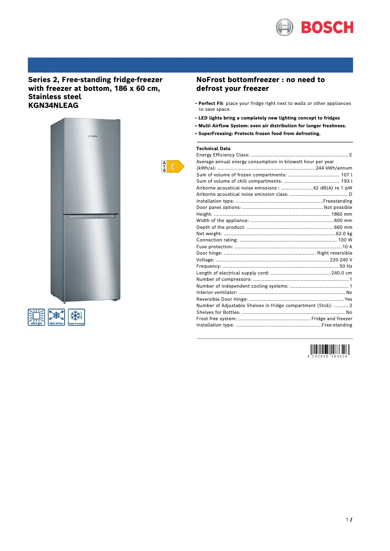 Page 1 of the manual Technical Sheet Bosch Serie 2 KGN34NLEAG