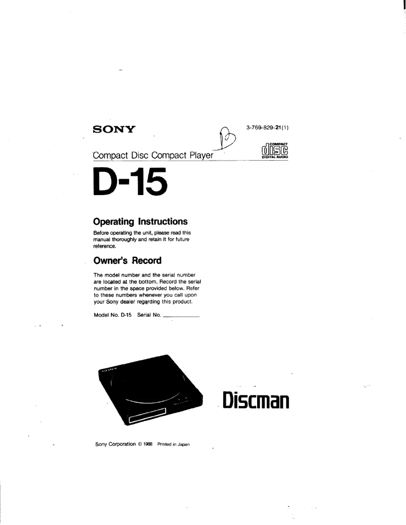 Page 1 of the manual User Manual Sony Discman D-15