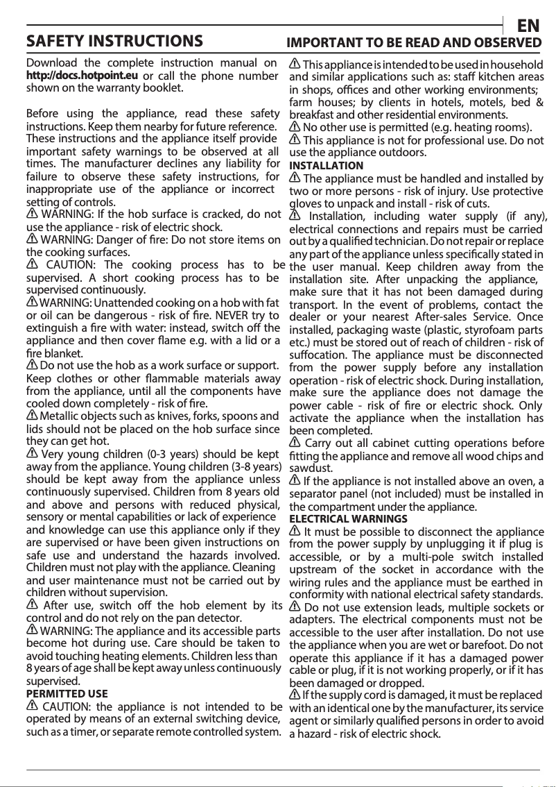 Page 1 of the manual Instructions / Assembly Hotpoint TT 1090 BA