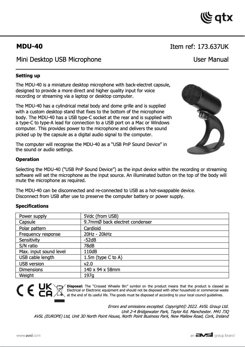 First page image of the manual for MDU-40