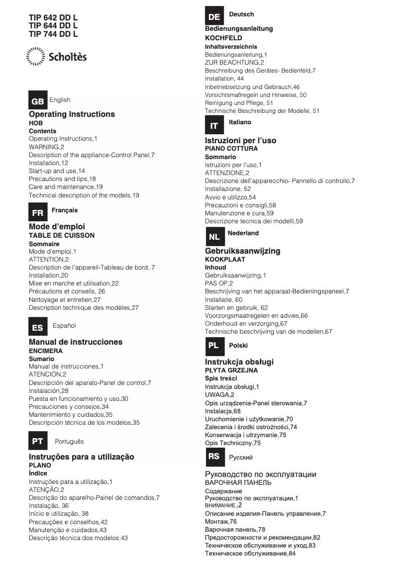 First page image of the manual for TIP 744 DD L