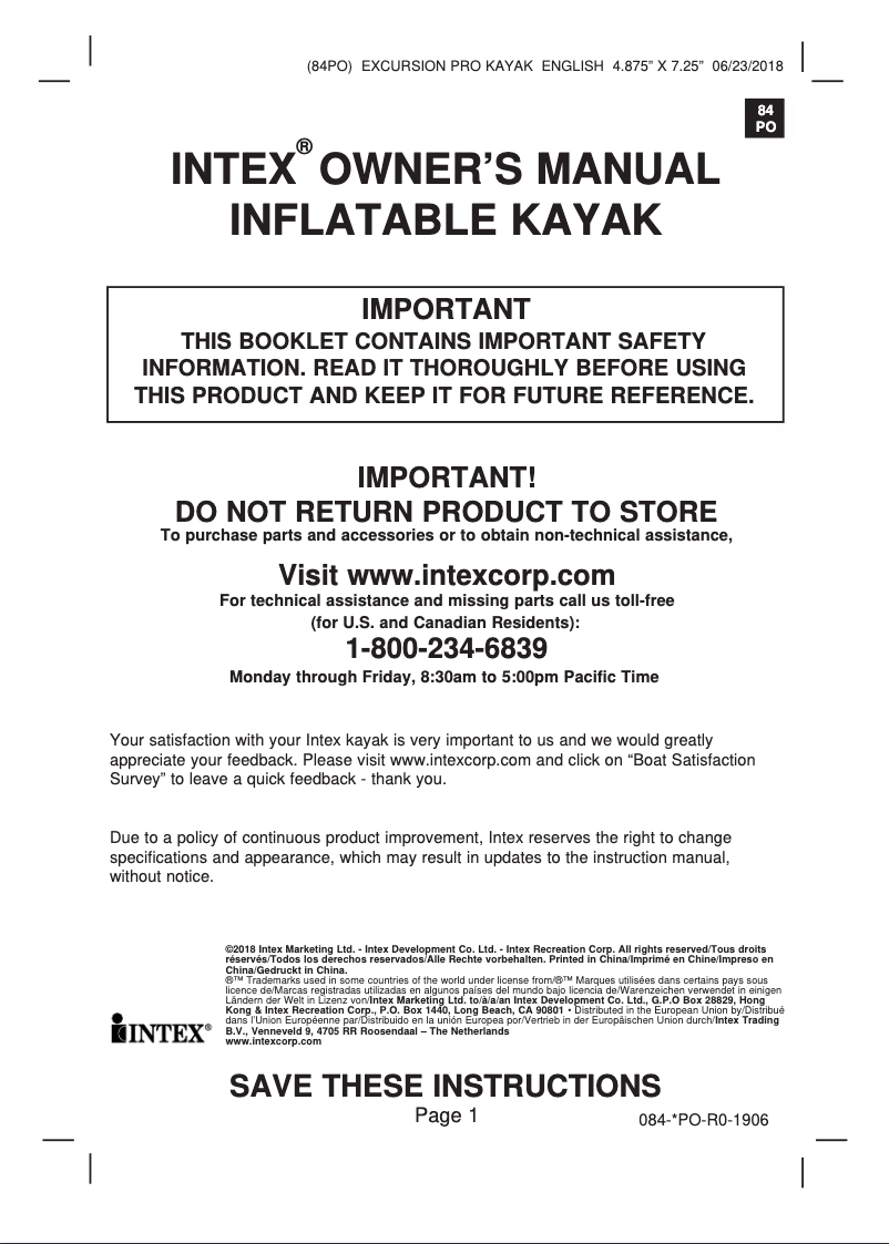 First page image of the manual for Excursion Pro K1