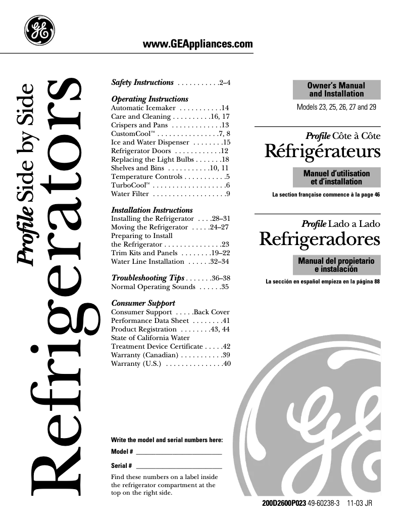 Page 1 of the manual Installation Guide GE Profile CustomStyle PSH23NGPBB