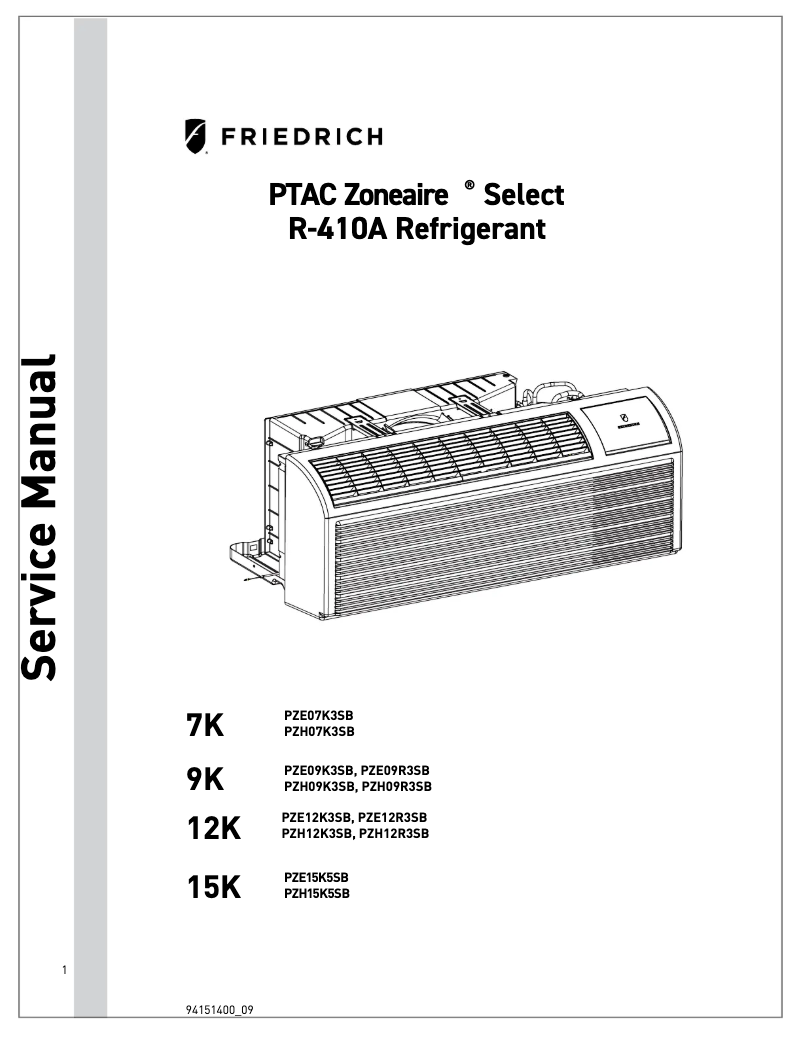 Page 1 of the manual Installation Guide Friedrich ZoneAire Select PZE12K3SB
