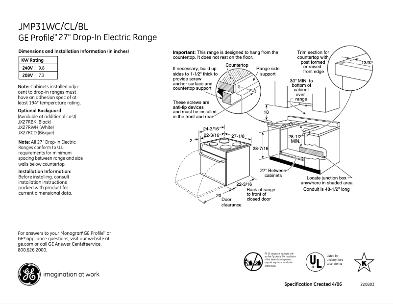 Page 1 of the manual Technical Sheet GE Profile JMP31WCWW