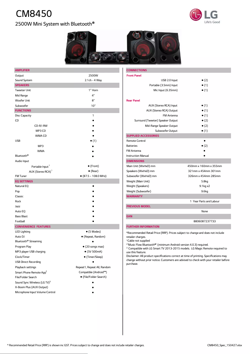 Page 1 of the manual Technical Sheet LG CM8450