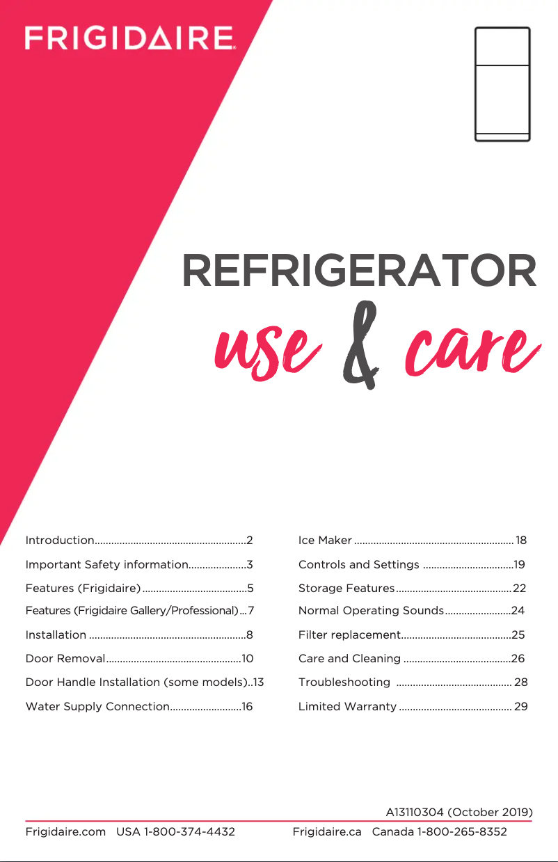 Page 1 of the manual Use and Maintenance Manual Frigidaire FFTR1835VW
