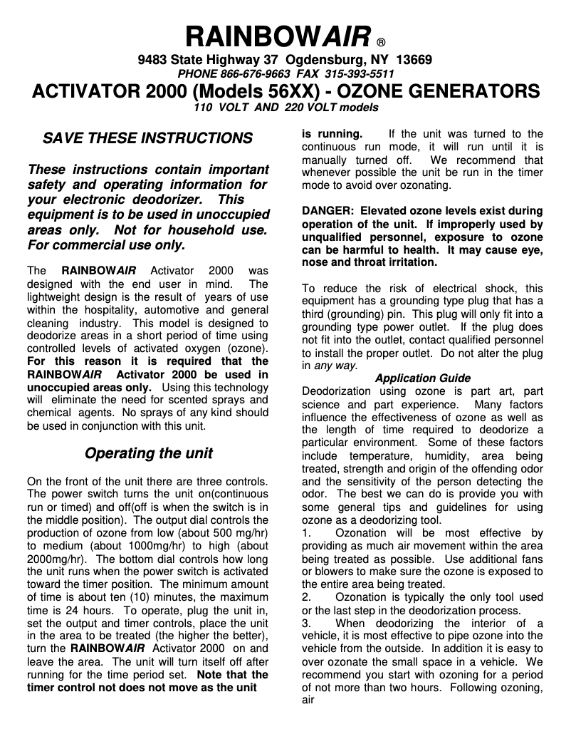 Page 1 of the manual User Manual RainbowAir Activator 2000