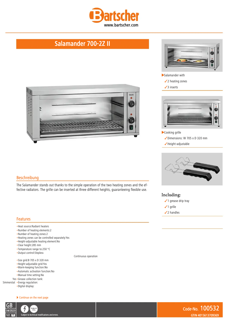 Page 1 of the manual Technical Sheet Bartscher 700-2Z II