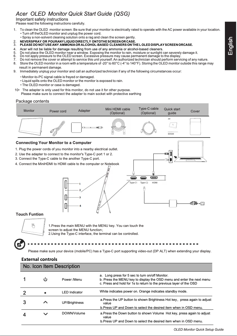 Page 1 of the manual Quick Start Guide Acer PM168QKT