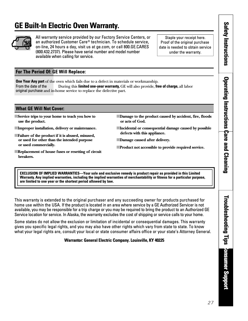 Page 1 of the manual Warranty Information GE JTD3000SNSS