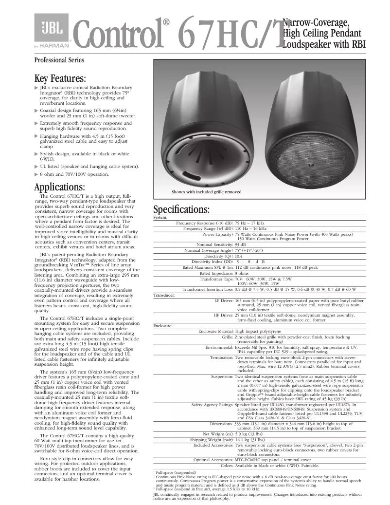 Page 1 of the manual User Manual JBL Control 67HC/T