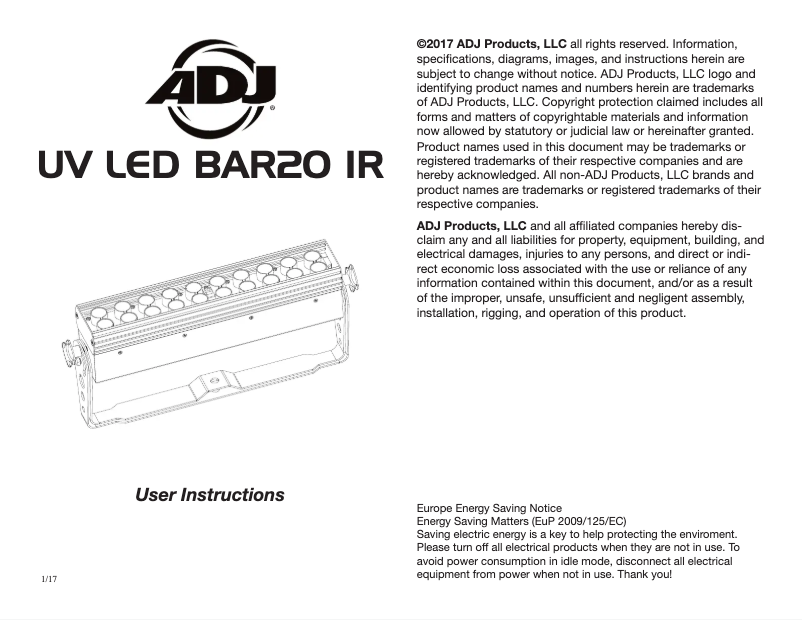 Page 1 of the manual User Manual American DJ UV LED BAR20 IR