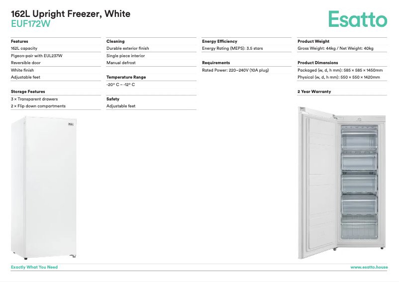 Page 1 of the manual Technical Sheet Esatto EUF172W