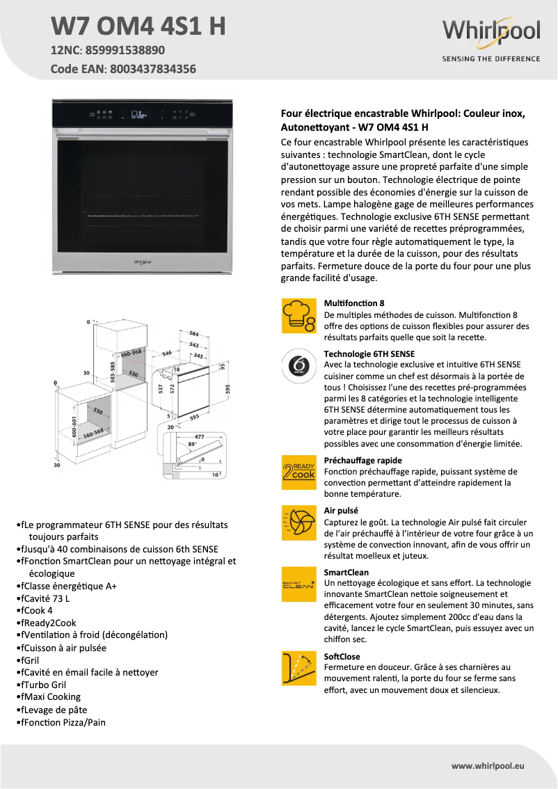Page 1 de la notice Fiche technique Whirlpool W7 OM4 4S1 H