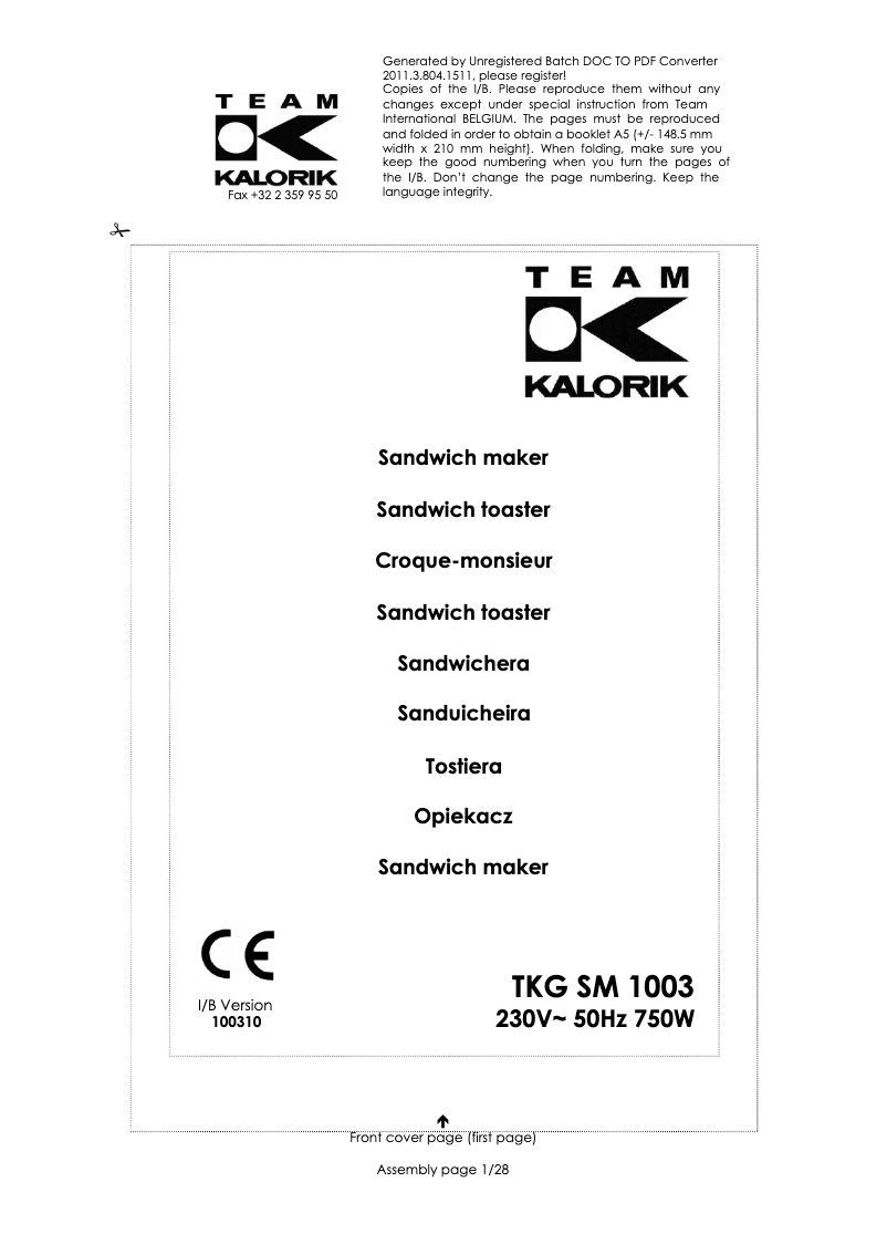 Page 1 of the manual User Manual Kalorik TKG SM 1003