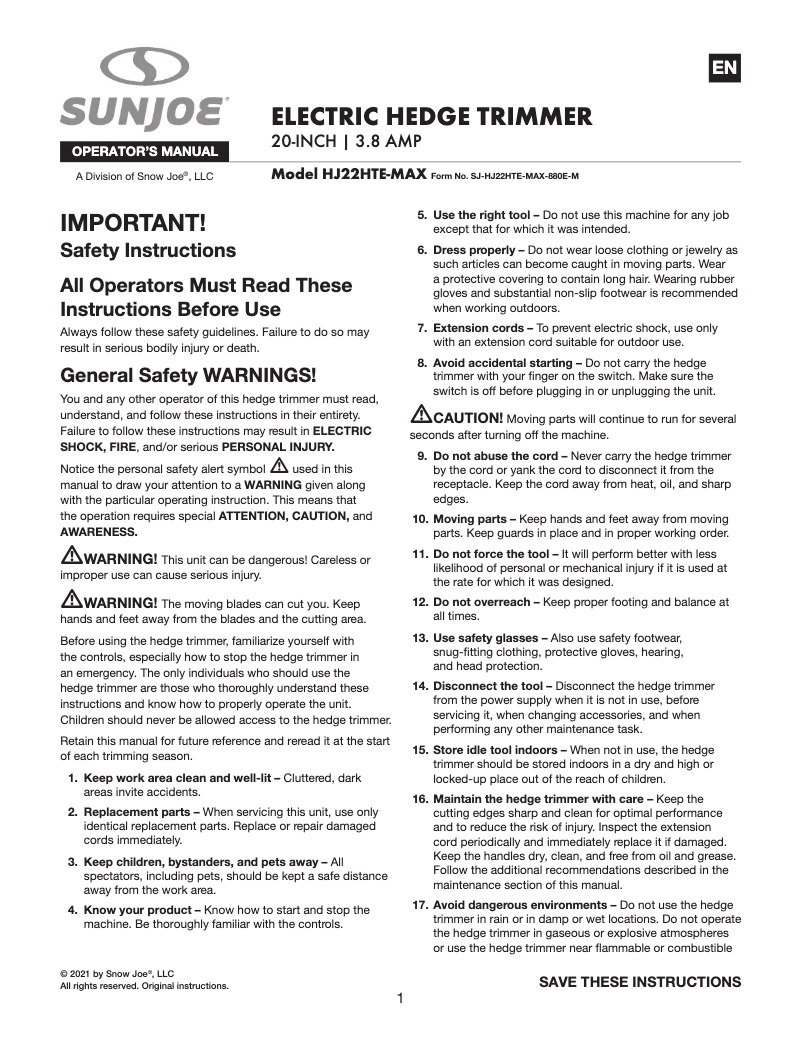Page 1 of the manual User Manual Sun Joe HJ22HTE-MAX