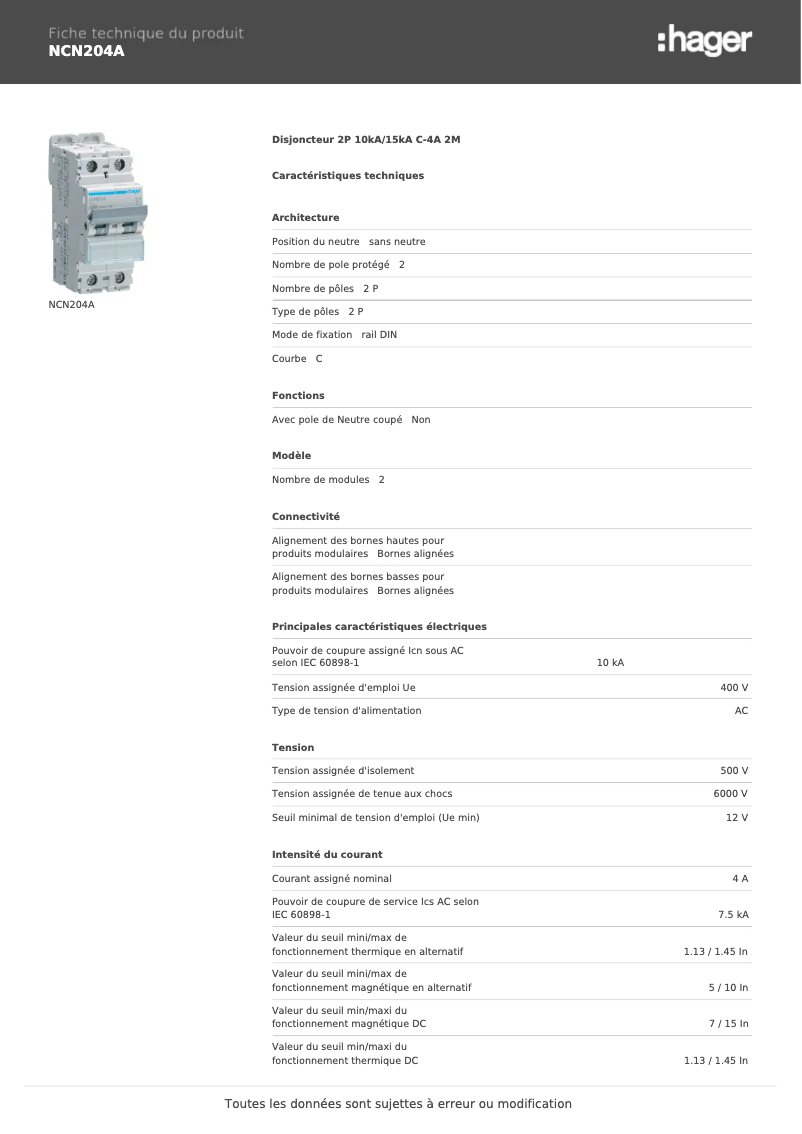 Page 1 of the manual User Manual Hager NCN204A